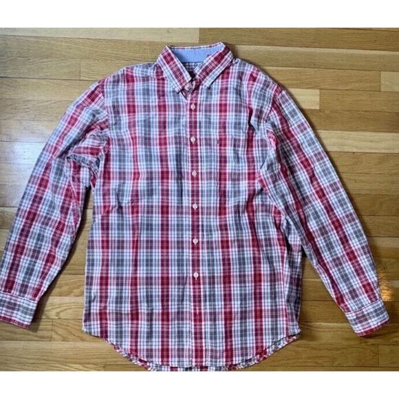 Izod Vintage Long Sleeve Red and Tan Striped Button Shirt Large Tall - Picture 2 of 7